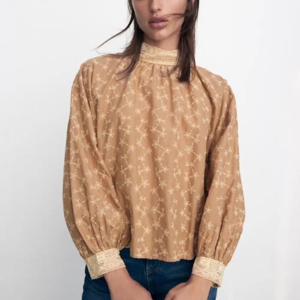 Zara Tan Floral Lace High-Neck Blouse